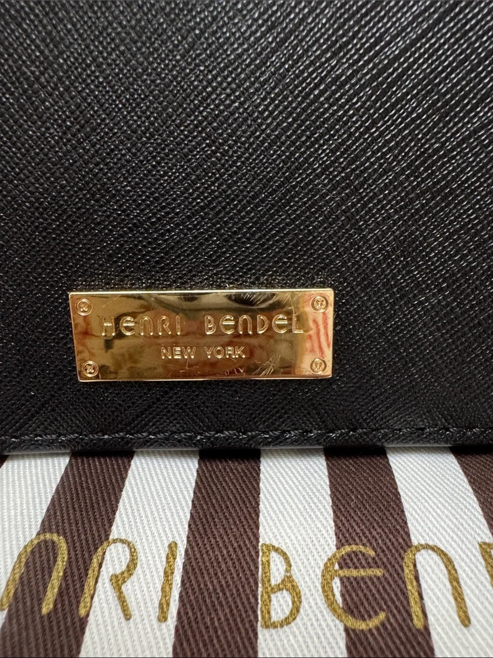 henri bendel Black Saffiano Leather Wallet with Gold Plaque